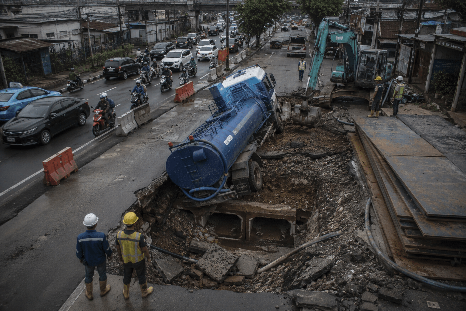 Truk Sudin SDA Terperosok di Area Jalan Amblas Lenteng Agung, Arus Lalu Lintas Dialihkan